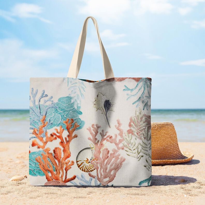 Decor Fabric Half Panama colourful corals – light taupe/aqua blue, image number 9