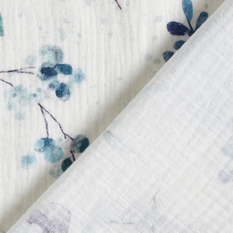 Double Gauze/Muslin Watercolor eucalyptus branches – offwhite/aqua blue,  image number 4