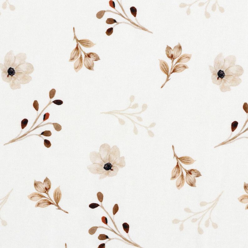 GOTS Cotton Jersey Watercolour flowers & branches digital print – white/light brown, image number 1