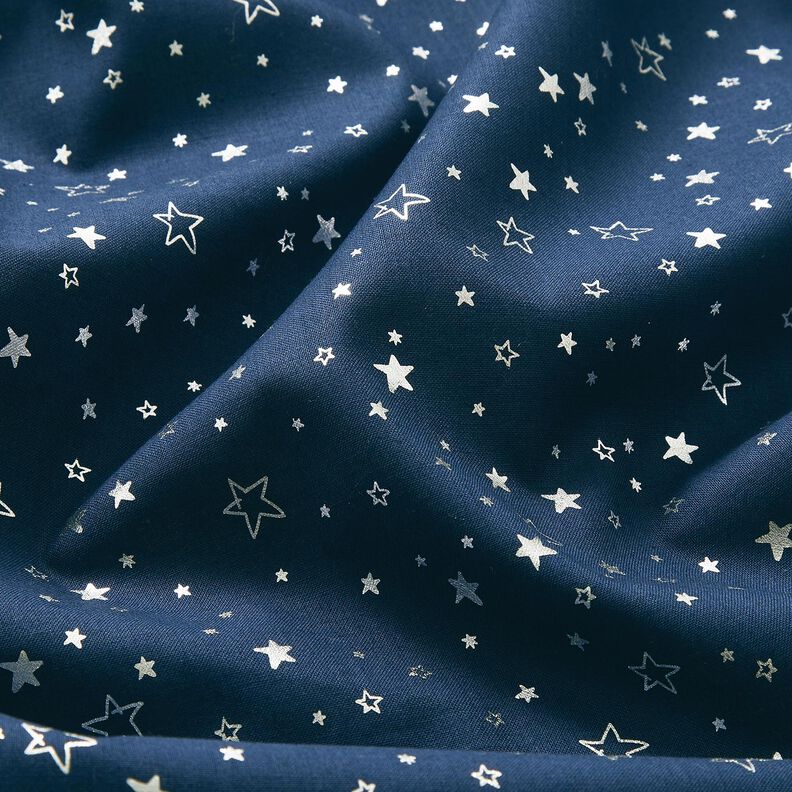 Cotton Poplin Foil Print Christmas Stars – midnight blue/metallic silver,  image number 2