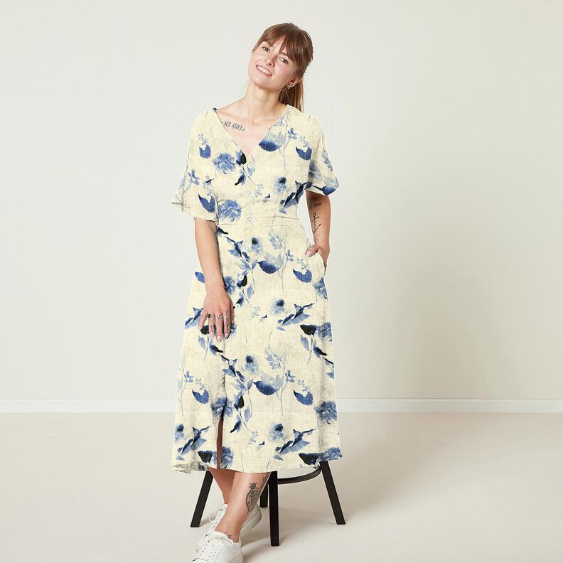 Viscose Linen Blend Watercolour roses – natural/navy blue, image number 5