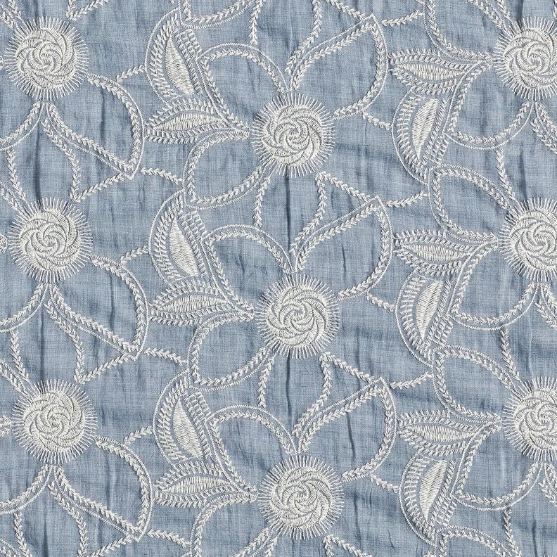 <h2>Cotton Fabric Floral Embroidery &ndash; Light Denim Blue Batiste with Off-White Stitching</h2>,  image number 1