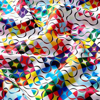 Polyester fabric, colourful wavy lines and checks, 