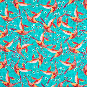 Beachwear viscose fabric peacocks and flowers – aqua blue/intense pink, 