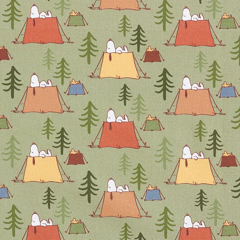 Cotton poplin licensed fabric Snoopy & Woodstock camping | Peanuts ™ – pistachio,  image number 1