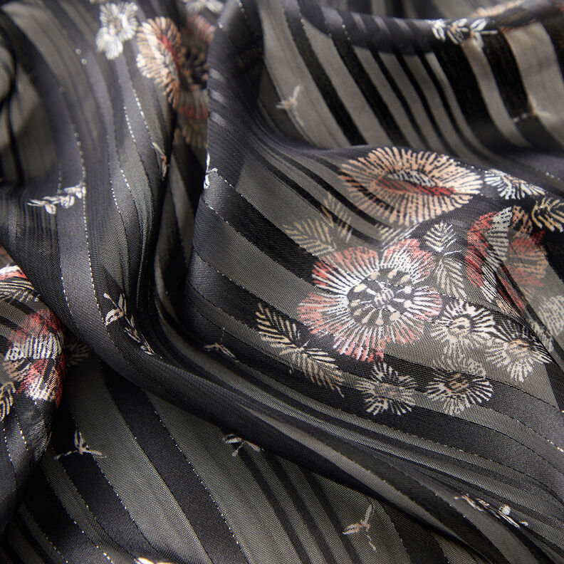 Chiffon with satin and metallic stripes flowers – black/white, image number 3