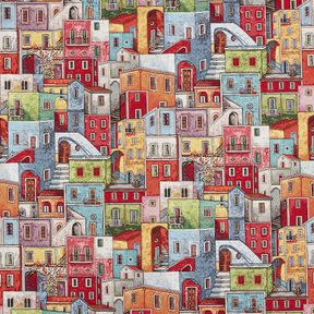Decor Fabric Tapestry Fabric colourful small town – carmine/blue, 