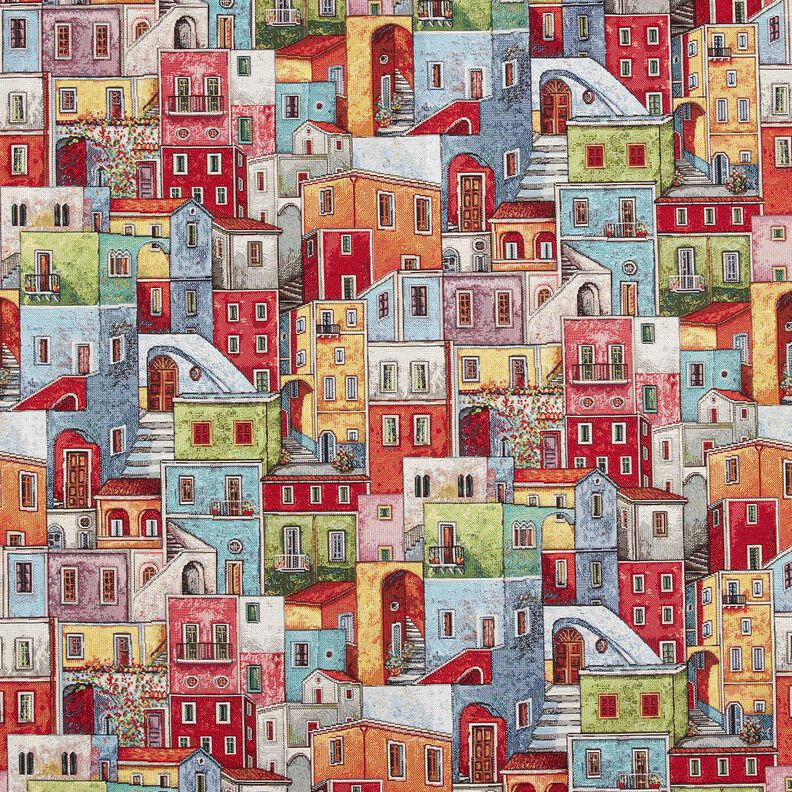 Decor Fabric Tapestry Fabric colourful small town – carmine/blue,  image number 1