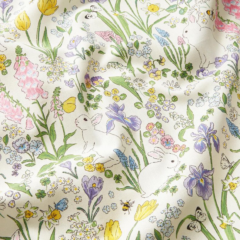Decor Fabric Half Panama bunnies in a flower meadow – ivory/light pink,  image number 2
