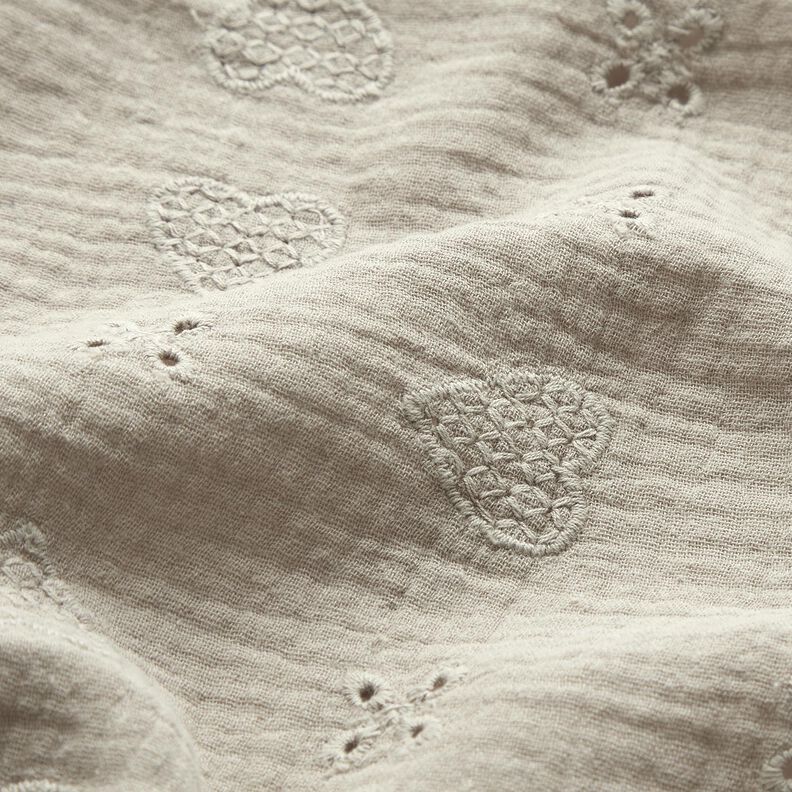 Double Gauze/Muslin Broderie Anglaise hearts – silk grey,  image number 2