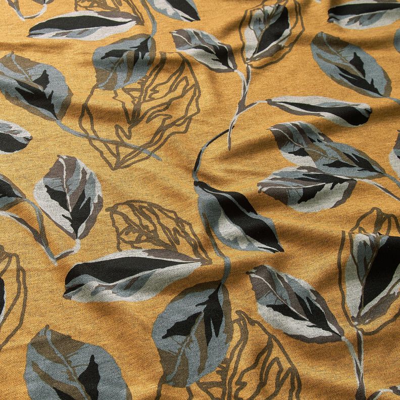 Viscose Jersey large autumn leaves – curry yellow/slate grey, image number 2