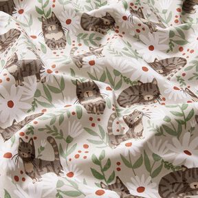 Cotton Cretonne Cats in the flower meadow – silver grey, 