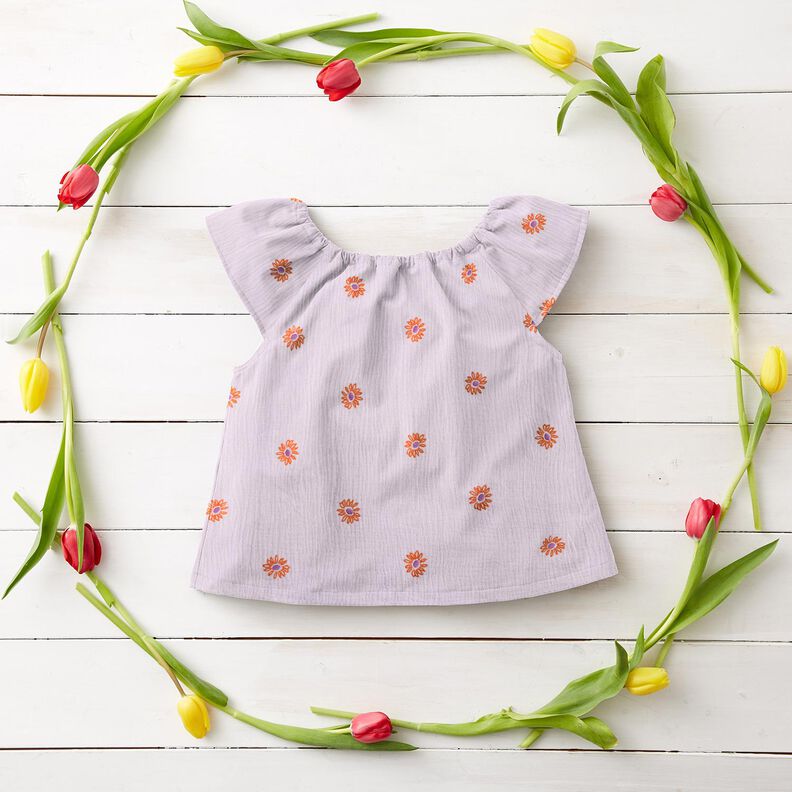 Double Gauze/Muslin embroidered large flowers | Poppy Fabrics – pastel violet/peach orange,  image number 8