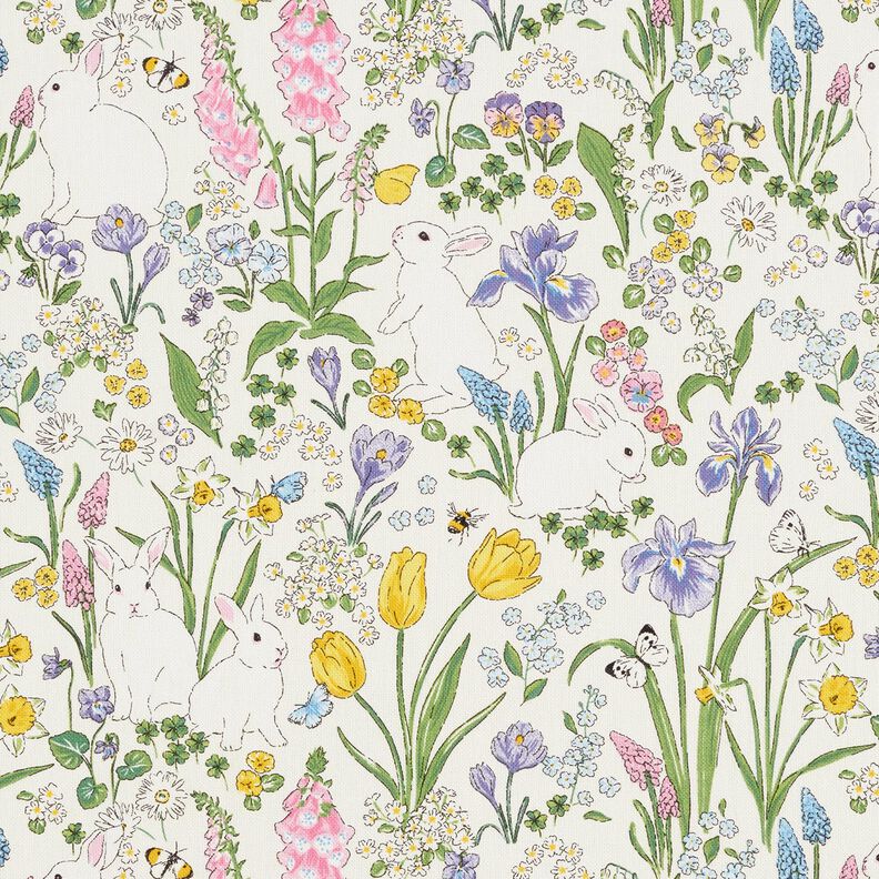 Decor Fabric Half Panama bunnies in a flower meadow – ivory/light pink,  image number 1