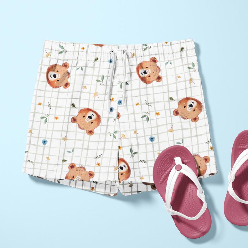 Cotton Poplin Teddy bears on a check pattern Digital Print – white/reed, image number 5