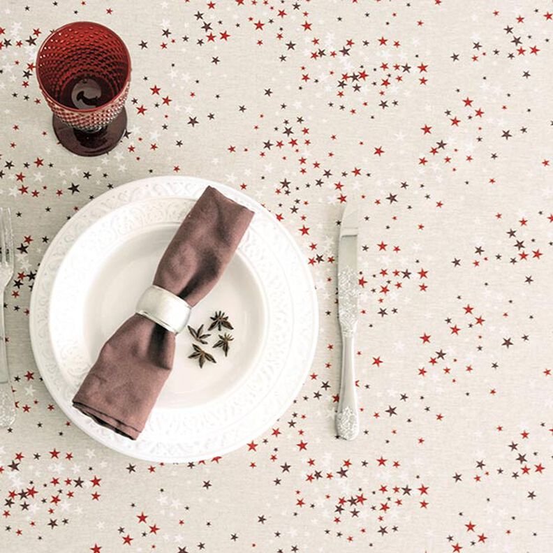 Decor Fabric Half Panama Festive Stars – beige/dark red, image number 6