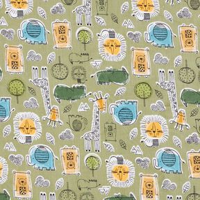 Cotton Cretonne Animals on Safari – light olive, 