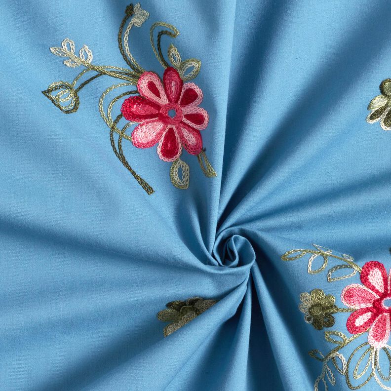 Cotton Poplin Embroidered bouquets – brilliant blue/berry,  image number 3