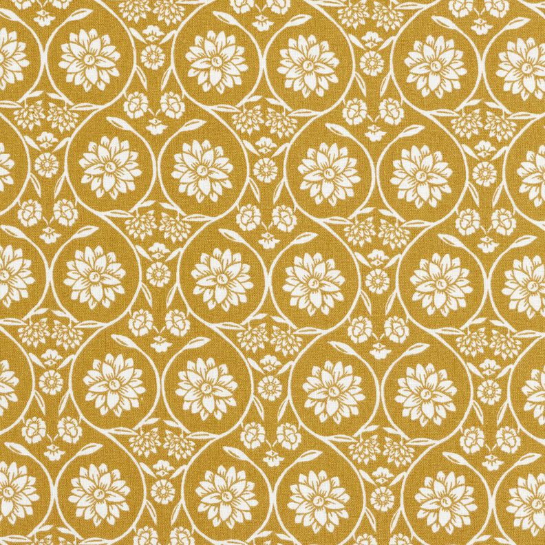 Cotton Cretonne Flowers and tendrils – mustard/white, image number 1