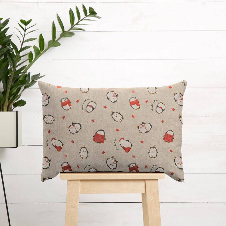 Decor Fabric Half Panama festive penguins – natural/carmine,  image number 6
