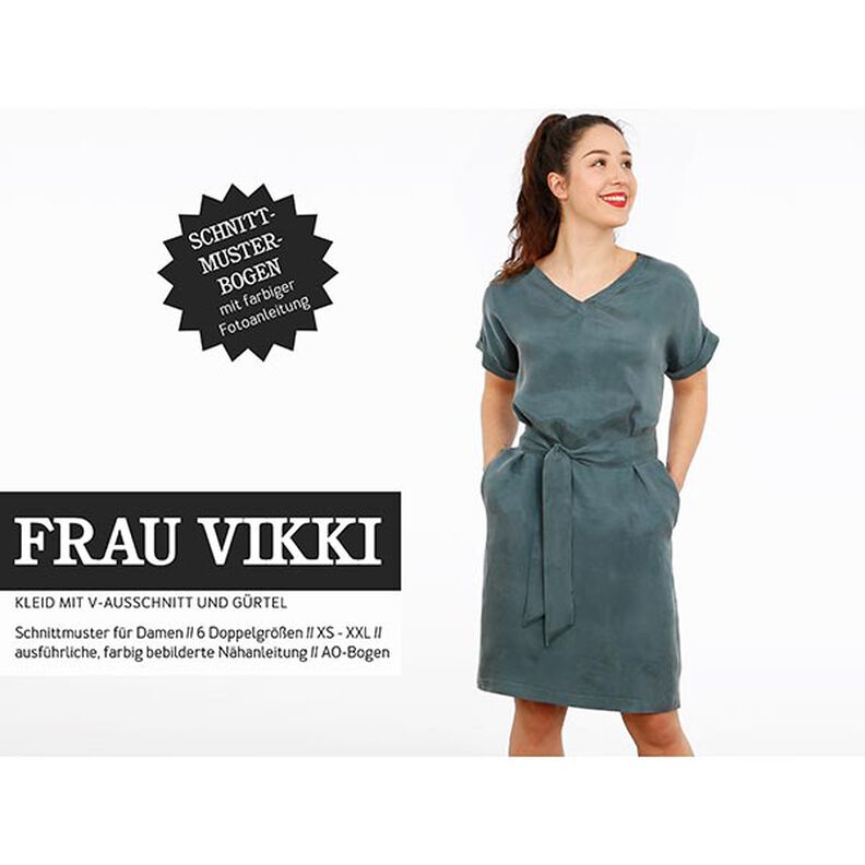 FRAU VIKKI - loose dress with a V-neckline and belt, Studio Schnittreif  | XS -  XXL,  image number 1