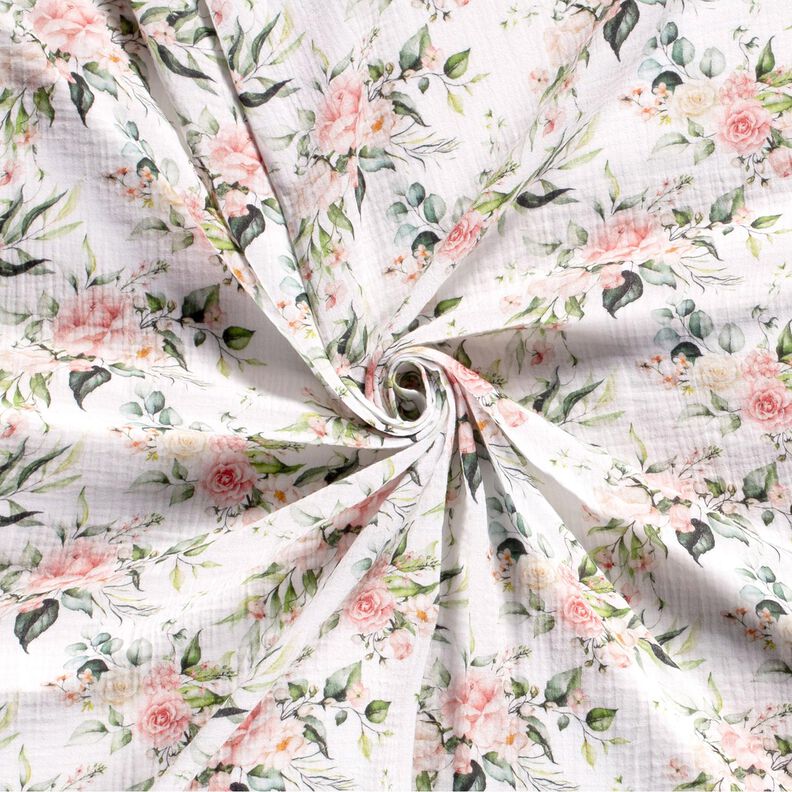 Double Gauze/Muslin watercolour climbing roses Digital Print – white,  image number 3