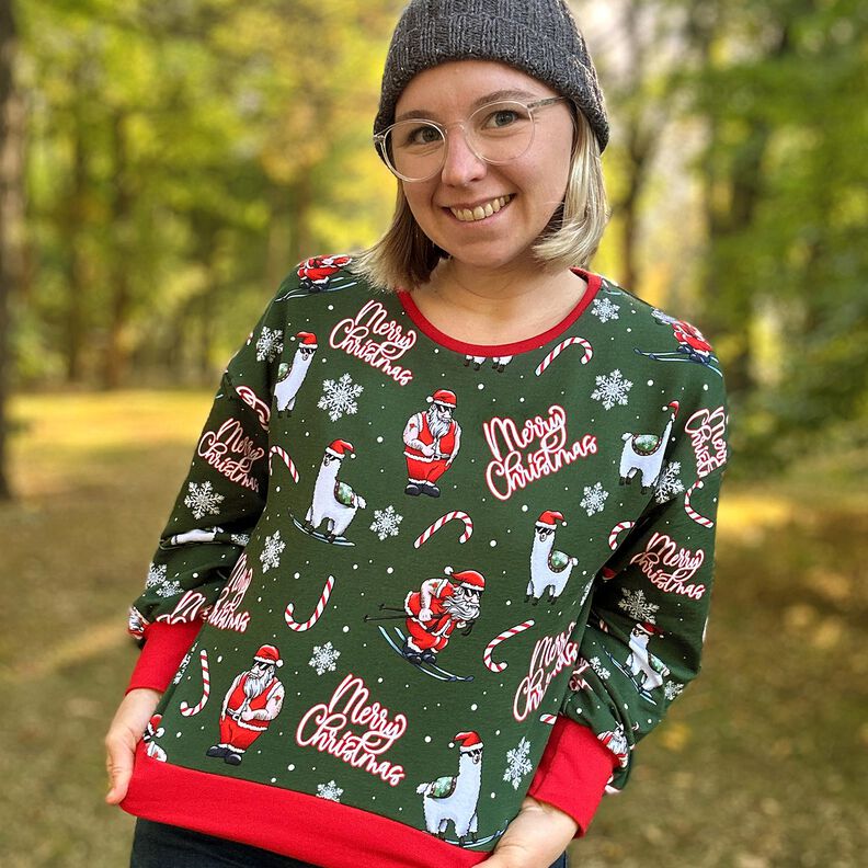 French Terry Santa Claus and Llama | Glitzerpüppi – fir green/chili,  image number 5