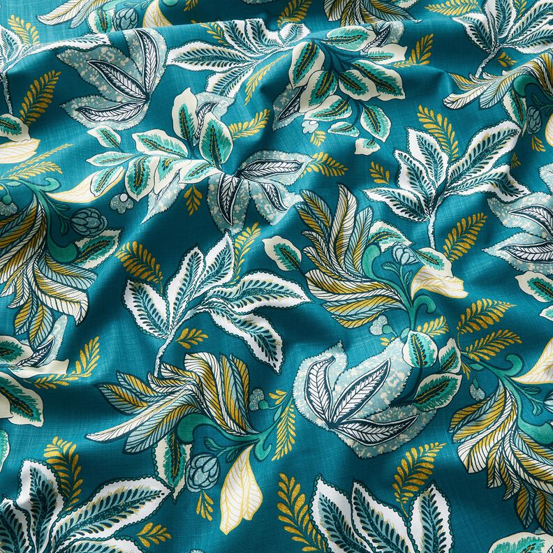 Decor Fabric Panama intertwined leaves – petrol/mustard,  image number 2