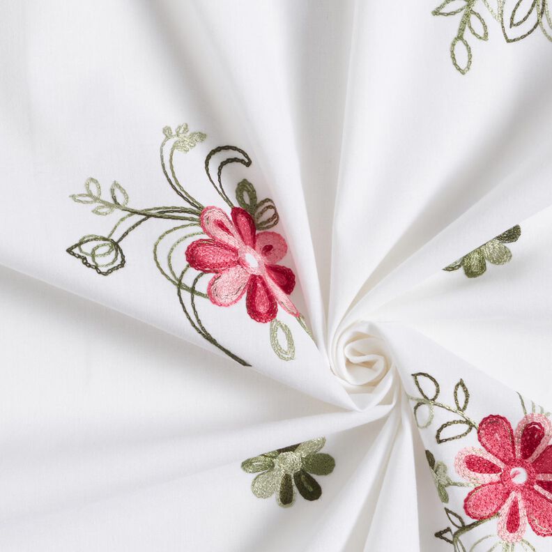 Cotton Poplin Embroidered bouquets – white/berry,  image number 3