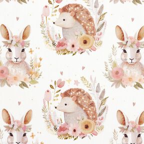 Cotton Poplin Hare and hedgehog in a flower circle Digital Print – ivory, 