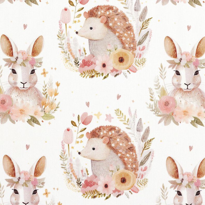 Cotton Poplin Hare and hedgehog in a flower circle Digital Print – ivory, image number 1