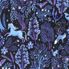 French Terry Fairytale forest Digital Print | Poppy Fabrics – blue-black/red lilac, 