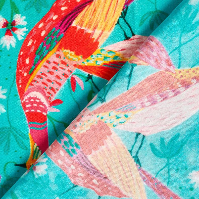Beachwear viscose fabric peacocks and flowers – aqua blue/intense pink, image number 4