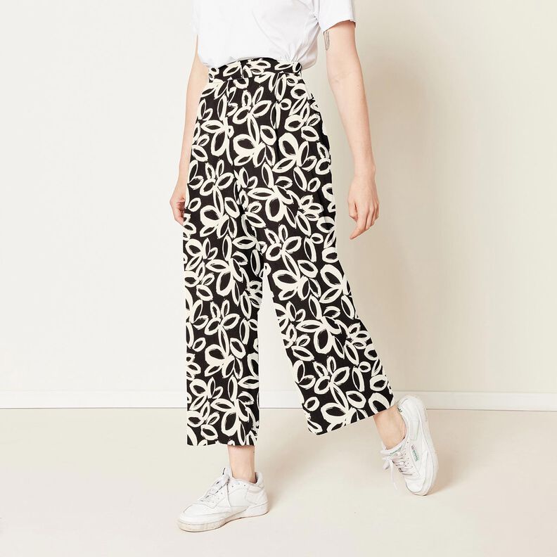 Viscose crepe painted Hawaiian flowers – black/ivory,  image number 6