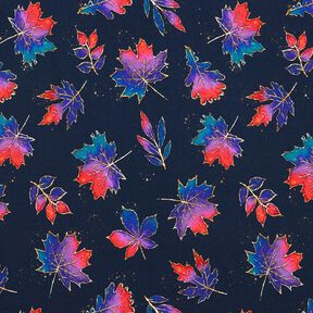 French terry colourful autumn leaves | Glitzerpüppi – midnight blue/fire red, 
