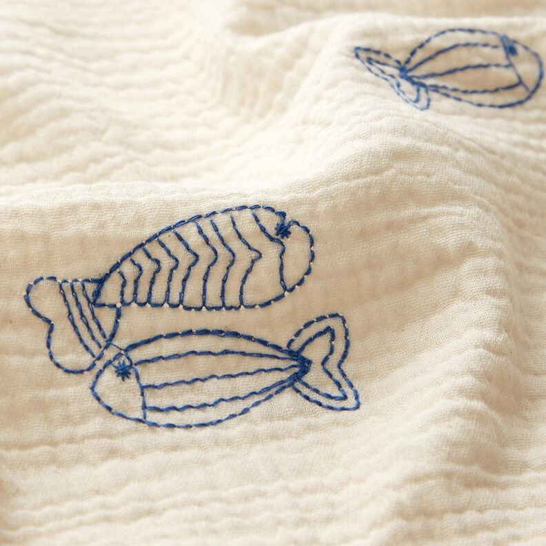 Double Gauze/Muslin embroidered fish | Poppy Fabrics – offwhite/royal blue,  image number 6
