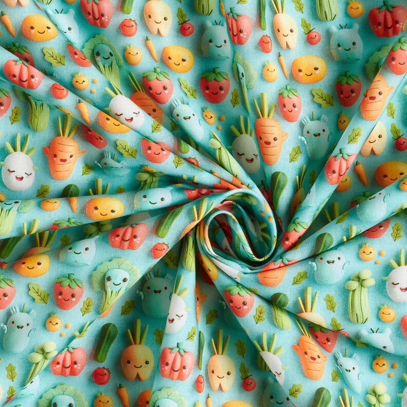 Cotton Poplin happy clay vegetables Digital Print – aqua blue,  image number 3