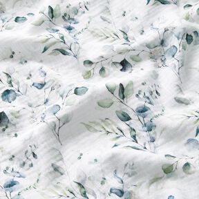 Double Gauze/Muslin watercolour leaf tendrils Digital Print – white,  Double Gauze/Muslin watercolour leaf tendrils Digital Print – white,