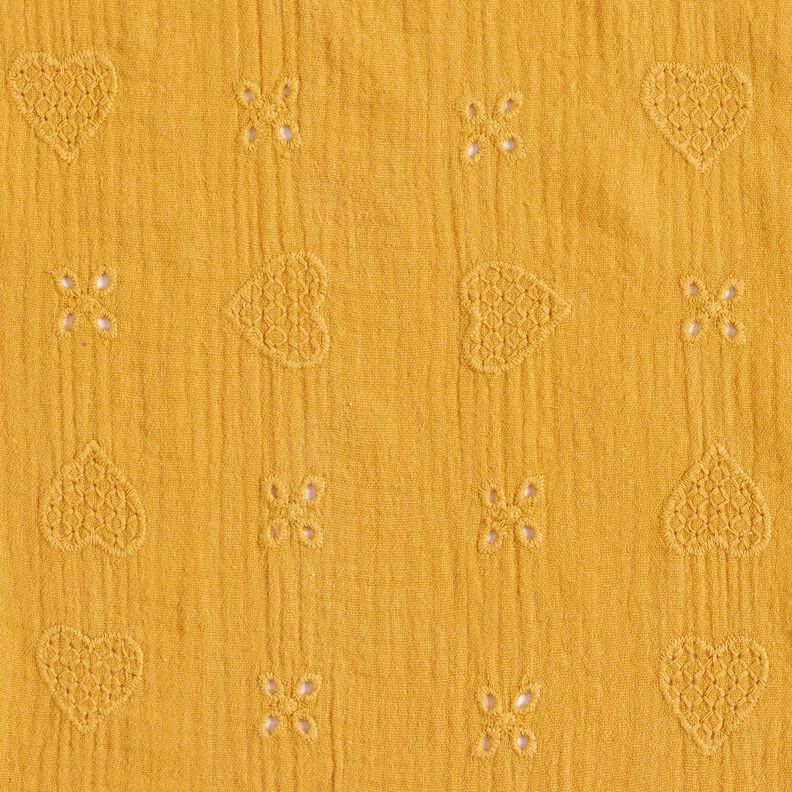 Double Gauze/Muslin Broderie Anglaise hearts – curry yellow,  image number 1