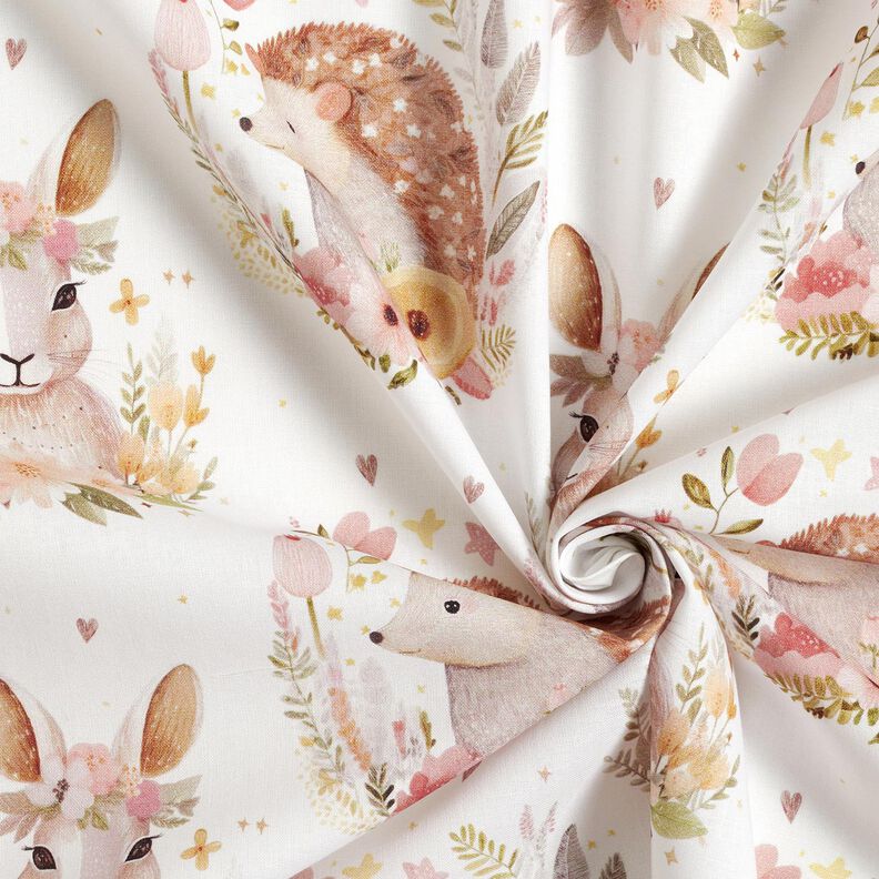 Cotton Poplin Hare and hedgehog in a flower circle Digital Print – ivory, image number 3