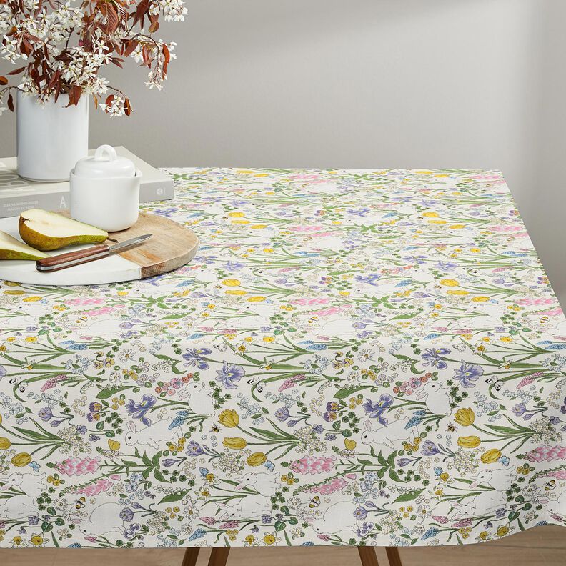 Decor Fabric Half Panama bunnies in a flower meadow – ivory/light pink,  image number 9