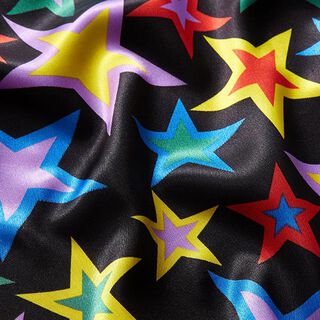 Polyester satin, colourful stars – black, 