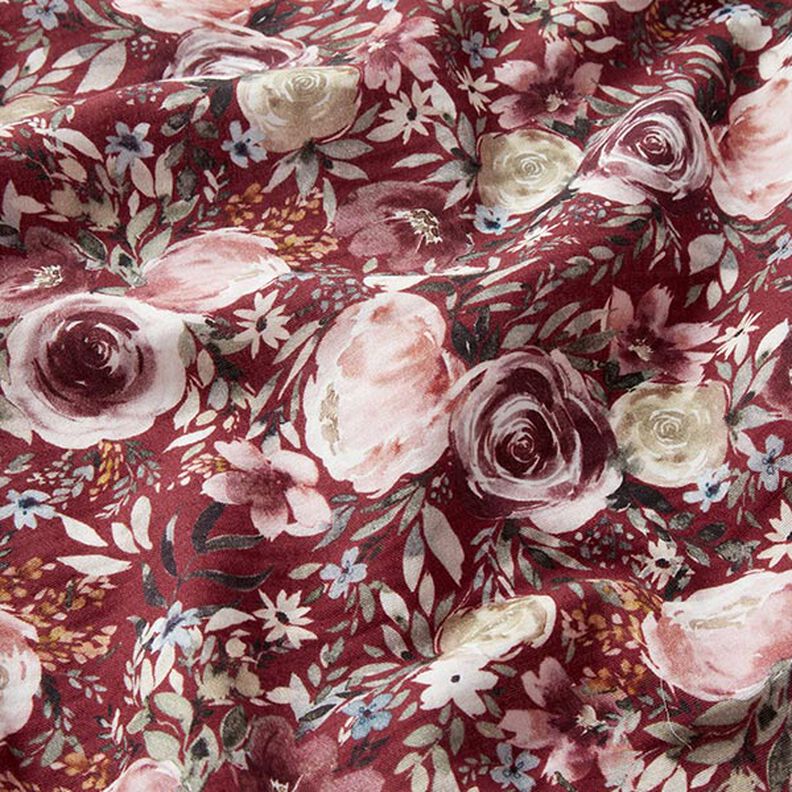 Double Gauze/Muslin Watercolour Roses Digital Print – burgundy,  image number 3