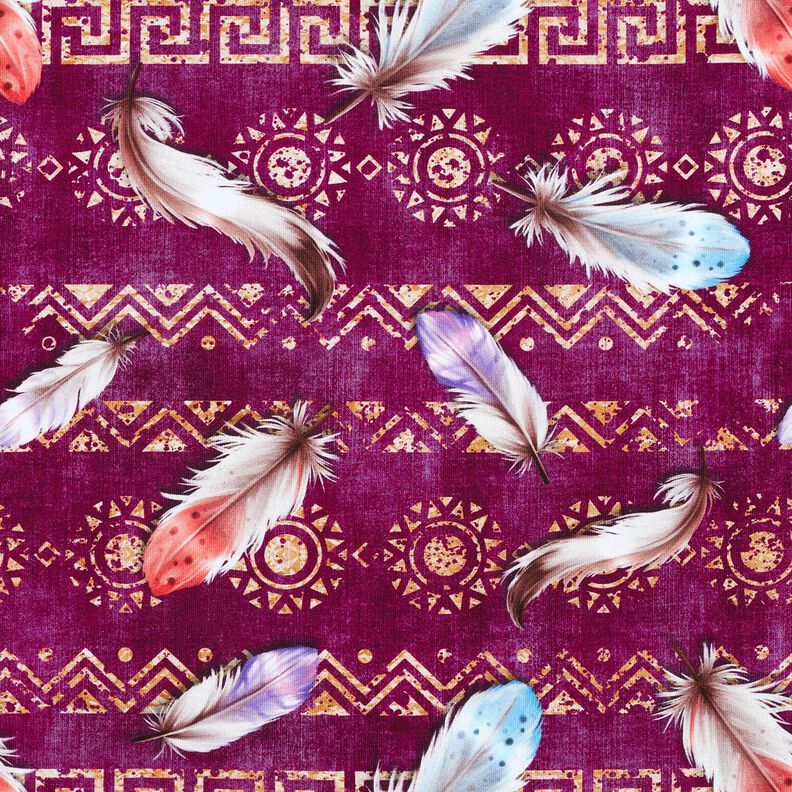 French terry Boho feathers | Glitzerpüppi  – grape/lobster,  image number 1