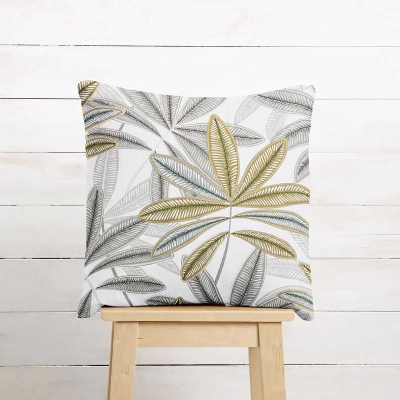 Decor Fabric Half Panama colourful leaves – white/olive,  image number 7
