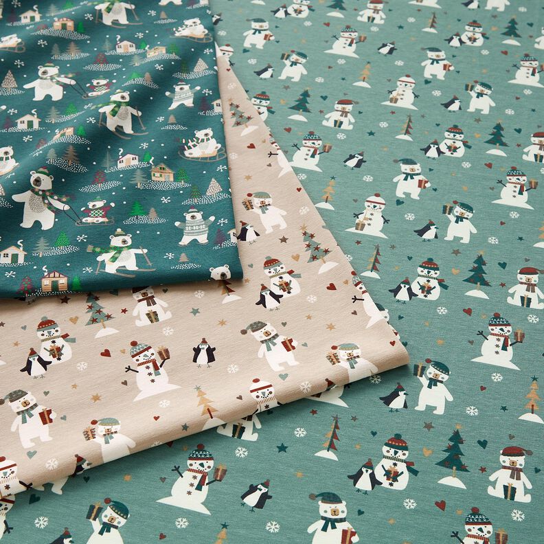 Cotton Jersey penguin, polar bear and snowman – almond,  image number 5