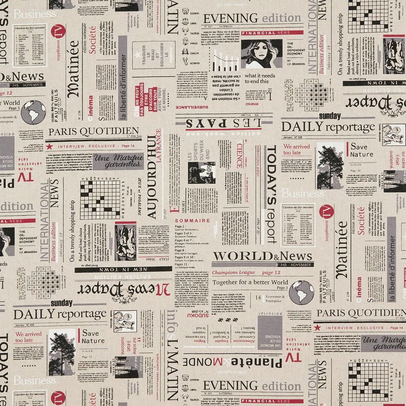 Decor Fabric Half Panama international newspaper – natural/black,  image number 1