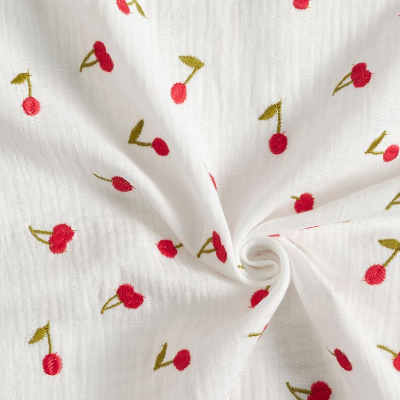 Double Gauze/Muslin embroidered cherries | Poppy Fabrics – white/fire red,  image number 3