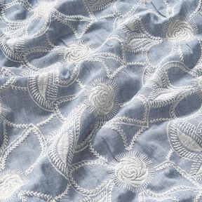 <h2>Cotton Fabric Floral Embroidery &ndash; Light Denim Blue Batiste with Off-White Stitching</h2>, 
