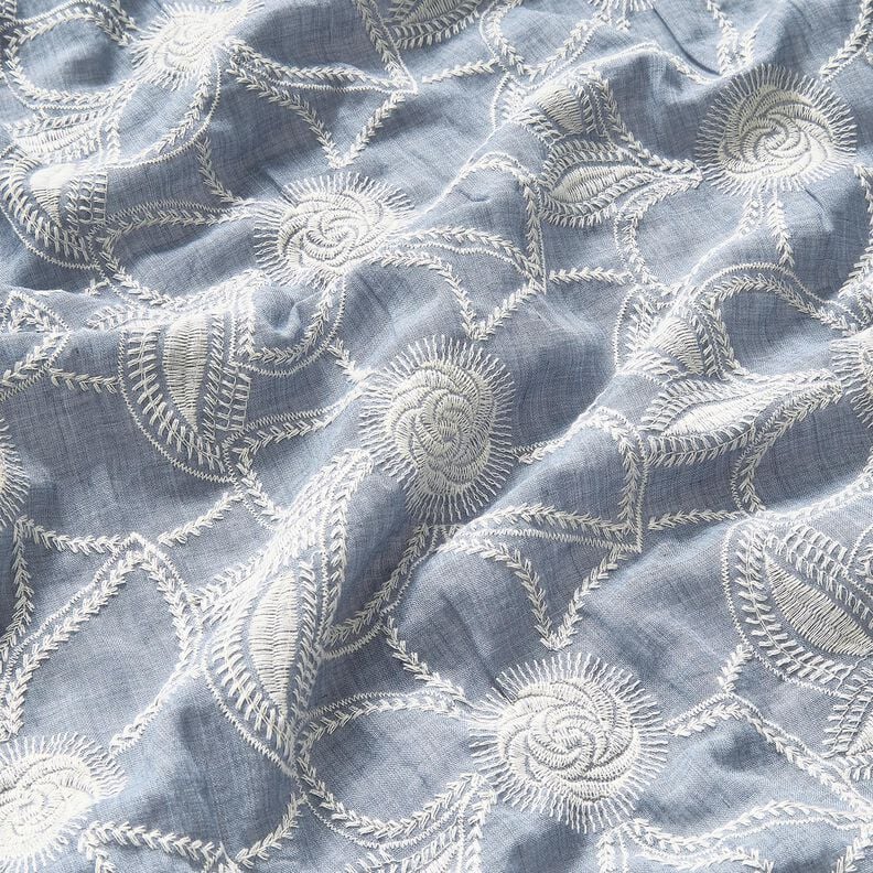 <h2>Cotton Fabric Floral Embroidery &ndash; Light Denim Blue Batiste with Off-White Stitching</h2>,  image number 2